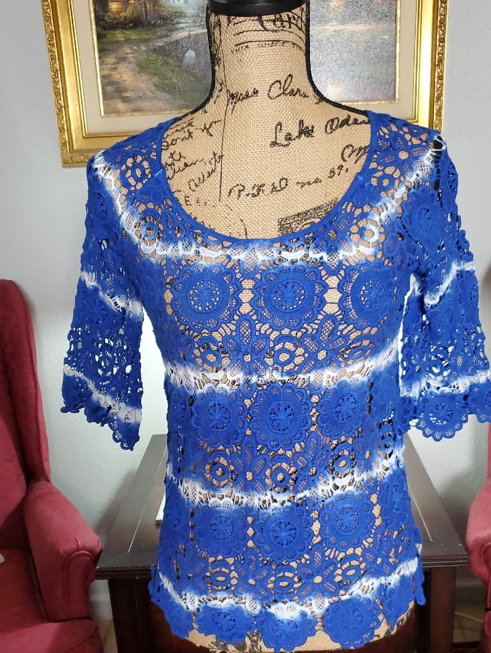 INC International Concepts Cobalt Blue Crochet Lace Tunic with White Accents